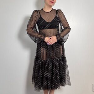 Sheer Black and Tan Polka Dot Maxi Dress - Size M